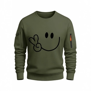 Felpa da Uomo Casual Girocollo con Tasca sulla Manica Stampa Smiley Pullover Primavera Autunno Manica Lunga Tactical
