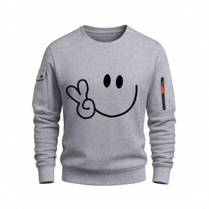 Felpa da uomo grigio melange con stampa smiley e tasche funzionali sulle maniche