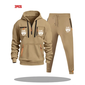 Men's tan hoodie and sweatpants set with multi-zipper pockets and Game Day print