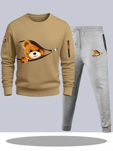 Men's two-piece tracksuit with khaki sweatshirt and grey joggers featuring bear graphics