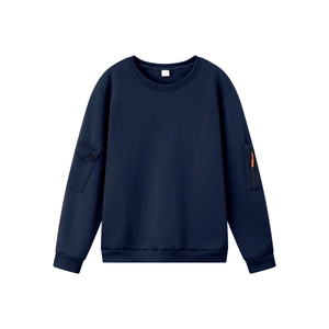 Detail of navy sweatshirt featuring functional sleeve pockets and orange zipper accent
