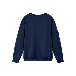 Rear view of navy blue sweatshirt showing tactical sleeve pockets and ribbed cuffs