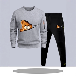Men's two-piece tracksuit with gray sweatshirt featuring a zipper-revealing bear and black pants