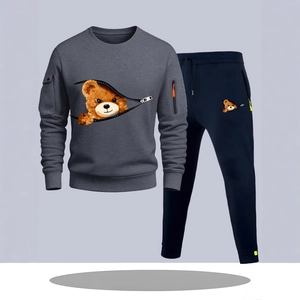 Men's casual tracksuit featuring a grey sweatshirt and navy pants with teddy bear prints