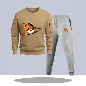 Khaki long sleeve hoodie and grey joggers sports suit with bear embroidery detail