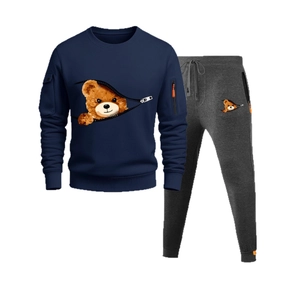 Men's navy hoodie and grey sweatpants tracksuit set with creative bear graphic print