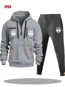 Men's two-piece grey hoodie and joggers set with functional pockets and Game Day print