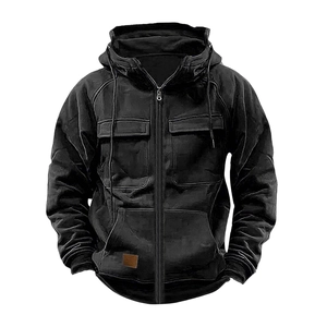Men's black tactical hooded sweatshirt with cargo pockets and leather patch detail
