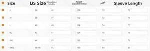 Detailed size chart for men's hoodie including US sizes and measurements from S to 3XL