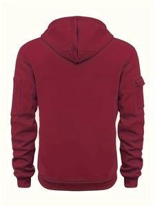 Back view of maroon hooded sweatshirt featuring a functional utility sleeve pocket