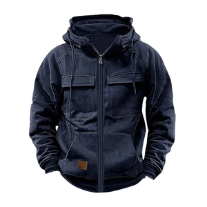 Men's navy blue zip-up hoodie with canvas texture and utility flap pockets in flat lay