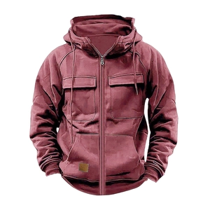 Men's solid burgundy hoodie with zip closure, flap chest pockets and ribbed cuffs