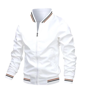 Men's white bomber jacket with striped ribbed trim and windproof zip-up design