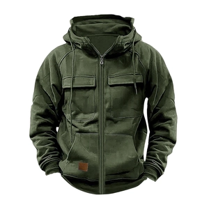 Men's olive green hooded zip-up sweatshirt with tactical pockets and leather patch