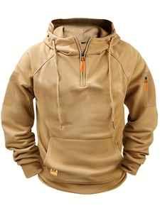 Detail of khaki tactical hoodie featuring half-zip, kangaroo pocket, and sleeve utility pocket