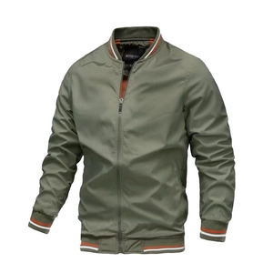Olive green bomber jacket for men with stylish red and white striped ribbed trim and zipper