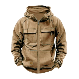 Detail view of khaki tactical hoodie with front zip, flap pockets and textured fabric