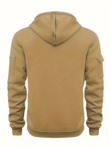 Detail view of khaki hoodie back with functional utility pockets on the sleeves