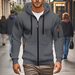 Men Zip Up Hoodie Polyester Dropped Shoulder Casual Sweatshirt With Arm Pocket Contrast Zipper Detail For Men Outerwear