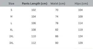 Tabella taglie dettagliata per pantaloni cargo con misure di vita, fianchi e lunghezza