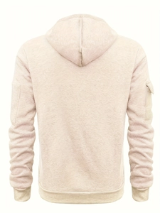 Rear view of cream hooded sweatshirt with fleece texture and utility sleeve pocket
