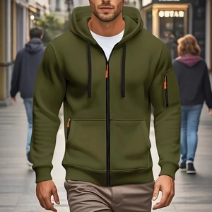Men's army green zip-up hoodie with orange zipper detail and sleeve utility pocket