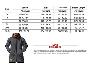 Detailed size chart for men hoodie jacket showing S to XXXL in cm and inch units