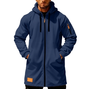 Men's navy blue long zip-up hooded jacket with tactical sleeve pocket and orange zipper puller