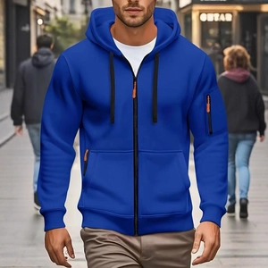 Men's royal blue hooded zip-up sweatshirt with athletic fit and drop shoulder design