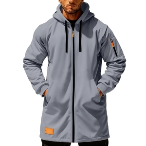 Men's grey longline zip-up hoodie jacket with utility sleeve pocket and hood drawstrings