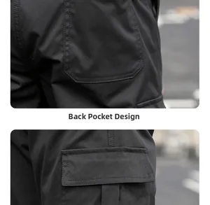 Dettaglio dei pantaloni cargo con tasche rinforzate e cuciture a contrasto resistenti