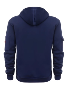 Detail view of navy hoodie back showing cargo style sleeve pockets and orange tag detail