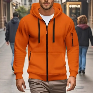 Bright orange men's zip-up hoodie with drop shoulders and utility sleeve pocket