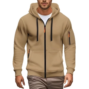 Men's khaki zip-up hoodie featuring a sleeve pocket and comfortable drop-shoulder fit