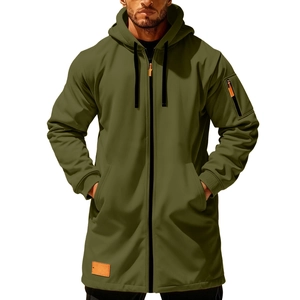 Detail of army green hoodie jacket featuring orange zipper pulls and utility sleeve pocket