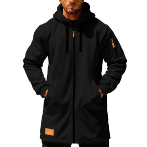 Men's black long hooded zip-up jacket with tactical pockets and orange details