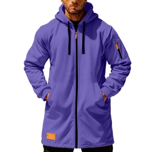 Detail of purple longline hooded jacket with black zippers and orange accents
