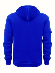 Back view of electric blue zip-up hoodie featuring ribbed cuffs and sleeve label detail