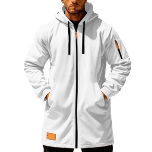 Detail of white hooded jacket with black zipper and orange leather hem patch