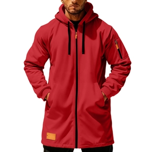 Close-up of red zip-up hoodie showing arm pocket and durable softshell fabric