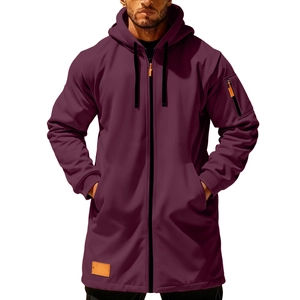 Detail view of burgundy longline hooded zip-up jacket with side pocket and sleeve zip