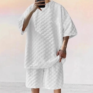Men's Summer Casual Outfit Waffle Checkerboard Texture Oversized Drop Shoulder T-Shirt And Shorts Streetwear Breathable Clothing