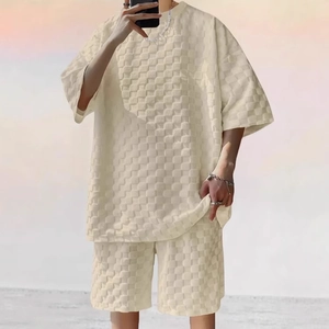 Beige waffle textured men's oversized T-shirt and shorts two-piece summer casual set