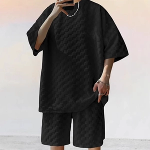 Men's summer casual waffle knit black outfit set with loose short sleeve shirt and shorts