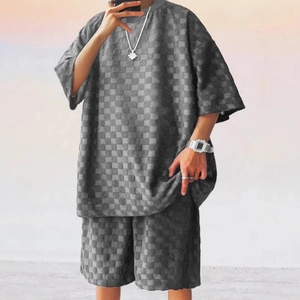 Men's dark grey checkerboard waffle knit shorts set with loose short sleeve T-shirt