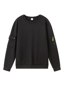 Men's black crewneck sweatshirt featuring functional cargo sleeve pockets with green zippers