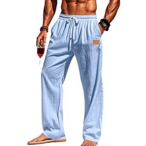 Men's light blue cotton linen beach trousers with drawstring waist and straight leg fit