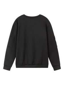 Detail view of the black sweatshirt back featuring ribbed cuffs and sleeve pocket accents