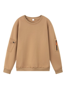 Men's khaki long sleeve crewneck sweatshirt with functional zipper pockets on sleeves