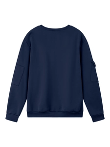Detailed view of the navy blue sweatshirt featuring ribbed cuffs and sleeve pocket details